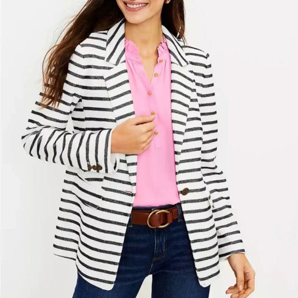 Loft Blue White Stripe Blazer Sz 8 Padded Vented Lined 1 button front NWT